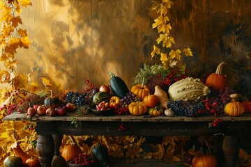 Sticker - A rustic table overflowing with seasonal fruits, vegetables, and gourds, set against a backdrop of golden foliage, evoking the abundance and richness of autumn harvests