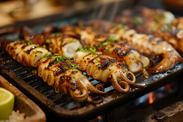 Grilled squid on grill.