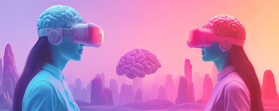 Two people wearing VR headsets with a floating brain in a surreal vibrant landscape, representing the fusion of technology and human mind.