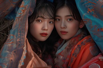 Poster - Two women are wearing traditional Asian clothing and are posing for a photo