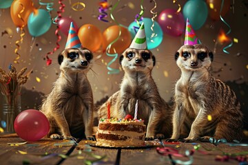 Wall Mural - Image Description: A family of meerkats gathered around a birthday cake with lit candles, wearing tiny birthday hats