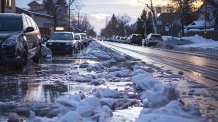 Wall Mural - Cars and sidewalks become coated in a layer of slush as snow rapidly melts into water.