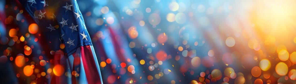 Abstract American flag background with festive bokeh lights in patriotic colors, perfect for patriotic celebrations and events.