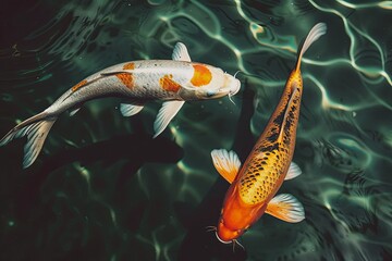 Two koi fish swimming gracefully in a shimmering pond