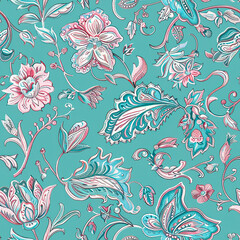 Sticker - A blue floral pattern with pink flowers and leaves