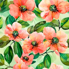 Poster - A painting of a bunch of pink flowers with green leaves