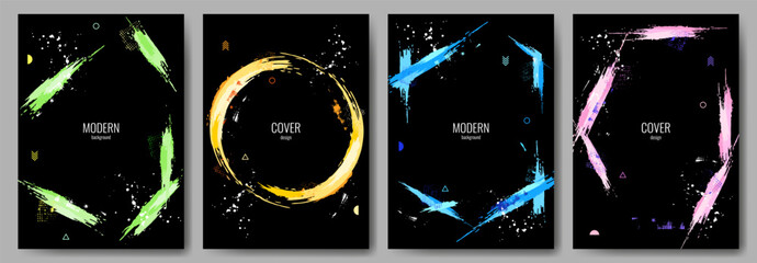 Poster - Collection of empty brush drawn borders. Color strokes with a brush. Ink splashes. Abstract frames on a black background. Design for cover, brochure, postcard, invitation, business card. Vector image.