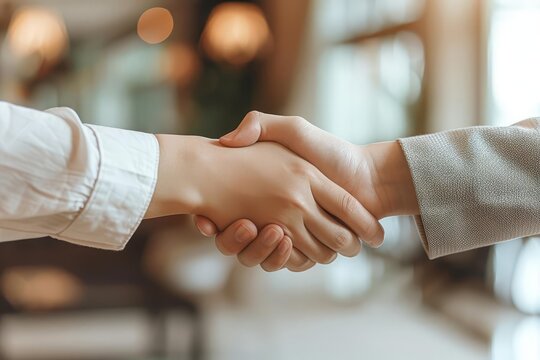 A closeup of hands exchanging a handshake in a business lobby, Business, Muted tones, Illustration, Professional and welcoming
