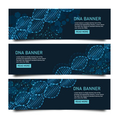 Set of three DNA spiral polygonal vertical banners. 3d Genetic helix low poly symbols with connected dots