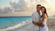 © nopommajun - A happy couple in white attire hugs on a pristine tropical beach at sunset, showcasing love and a romantic getaway