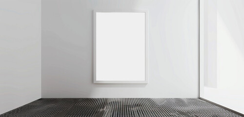 Wall Mural - Blank frame in an empty room with a white wall and a metal mesh floor. 3D rendered mockup in ultra high definition.