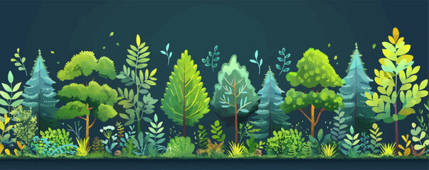 Wall Mural - Green tree border. Forest foliage and coniferous plants. Flat cartoon illustration vector