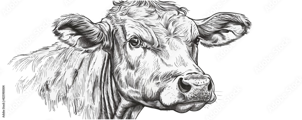 Farm cow head sketch hand drawn line art engraving Vector illustration ...