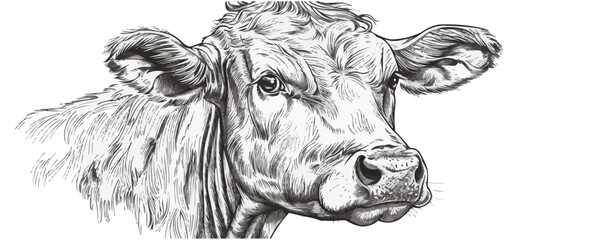 Wall Mural - Farm cow head sketch hand drawn line art engraving Vector illustration