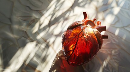 Illuminated 3D Human Heart Model with Natural Light Streaming Through Window, Clipping Path on White Background