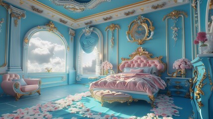 Opulent Sky blue & bubblegum pink bedroom in baroque style. Luxurious modern interior.