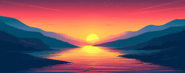 Wall Mural - A dreamy sunset over a tranquil river, casting a warm, golden hue over the surrounding landscape. Digital art style vector flat minimalistic isolated