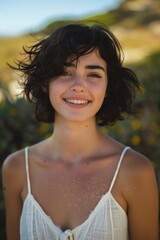 Wall Mural - Portrait of a young woman with short, shoulder length hair. have a beautiful smile