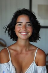 Wall Mural - Portrait of a young woman with short, shoulder length hair. have a beautiful smile