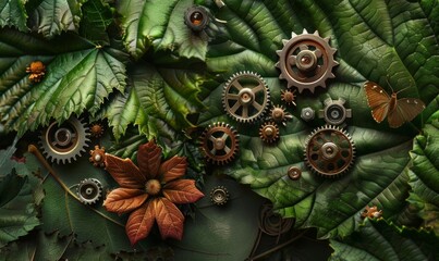 Wall Mural - Cogs and gears seamlessly integrated into natural elements like leaves and flowers