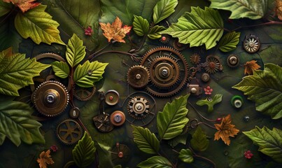 Wall Mural - Cogs and gears seamlessly integrated into natural elements like leaves and flowers