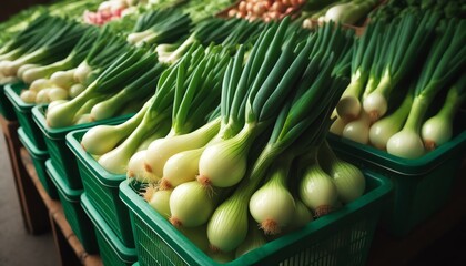 Wall Mural - Image of multiple green plastic baskets filled with fresh, ripe Spring Onions