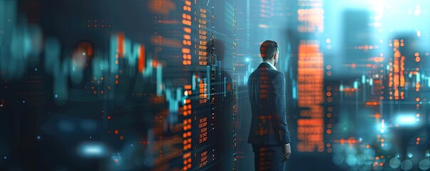 Businessman analyzing digital financial data on a bright city background with stock market charts and graphs, representing modern finance.