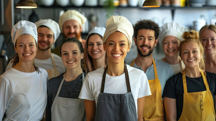 A group of smiling men in aprons and chef's hats stand together, looking confidently into the camera. They have different skin tones and hair textures