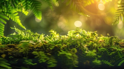 Poster - Lush green moss and ferns bathed in warm sunlight in a vibrant, peaceful forest setting, evoking a sense of tranquility and natural beauty.