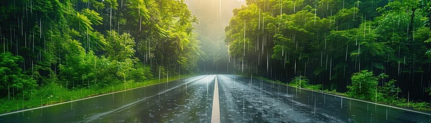 Wall Mural - Serene rain-soaked road surrounded by lush green forest, capturing tranquility and natural beauty during a gentle rain shower.