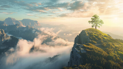 Wall Mural - Lonely tree on mountain peak during sunrise with clouds