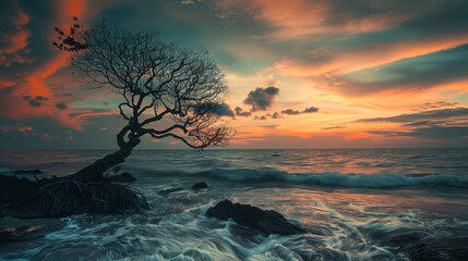 Wall Mural - Lone tree against a stunning colorful ocean sunset