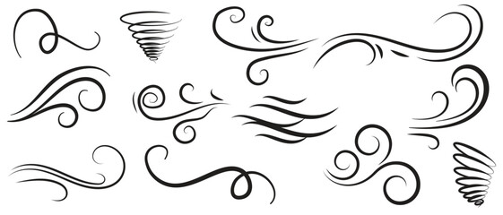 Wall Mural - Doodle wind line sketch set. Hand drawn doodle wind motion, air blow, swirl elements. Sketch drawn air blow motion, smoke flow art, abstract line. Vector illustration. Isolated on white background .