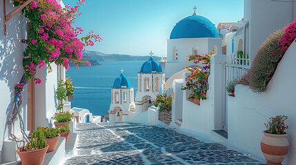 The Greek island of Santorini is picturesque, with its iconic white buildings and blue domes overlooking the sea. The cobbled streets are lined with traditional floral courtyards