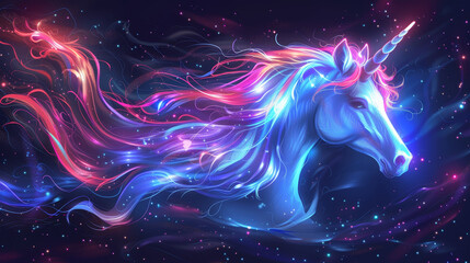 A unicorn with a blue mane and a pink and red tail. The unicorn is surrounded by a galaxy of stars and is glowing in the dark