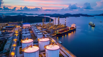 Wall Mural - An aerial view showing the industrial activity of an oil refinery at dusk, with various structures illuminated by artificial lighting.