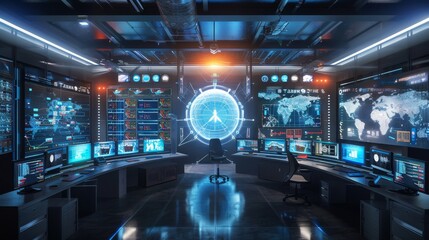 Canvas Print - futuristic command center with holographic displays