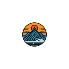 Wall Mural - mountain logo landscape with rocks at sunrise, Sea and Sun for Hipster Adventure Traveling logo