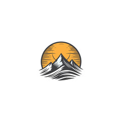 Wall Mural - mountain logo landscape with rocks at sunrise, Sea and Sun for Hipster Adventure Traveling logo