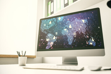 Wall Mural - modern computer screen with social network icons concept and world map. networking concept. 3d rende