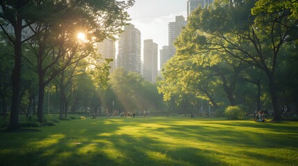 Wall Mural - An urban park with people jogging, biking, and enjoying nature amidst the cityscape List of Art Media Photograph inspired by Spring magazine