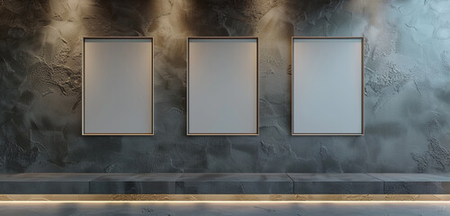 Minimalist art gallery with three blank frames on a charcoal gray wall, evenly lit, 3D rendering