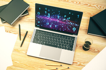 Wall Mural - creative abstract binary code hologram on modern computer monitor, ai and machine learning concept. 