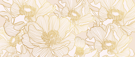 Luxury golden wild flower line art background vector. Natural botanical elegant flower with gold line art. Design illustration for decoration, wall decor, wallpaper, cover, banner, poster, card.