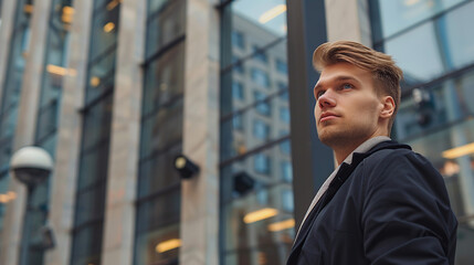 Wall Mural - A young businessman in a suit looks at a building with a city street in the background