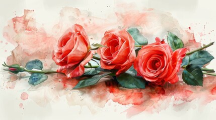 Wall Mural - Beautiful watercolor painting of red roses on a white background, capturing the elegance and simplicity of floral art.