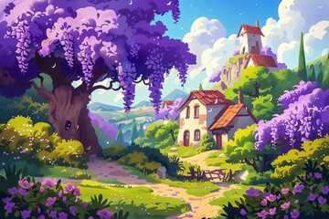 Poster - Cartoon scenery with summer landscape, house in the mountains, background for product preview, kids design, storybook