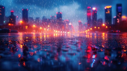 Wall Mural - Create a stunning business presentation slide featuring a city skyline with beautiful rain reflecting neon lights