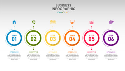 Business infographic 6 parts or steps, there are icons, text, numbers