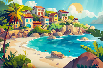 Wall Mural - Cartoon tropical background, relaxation on a sunny day on the sandy seashore. Backdrop for product preview